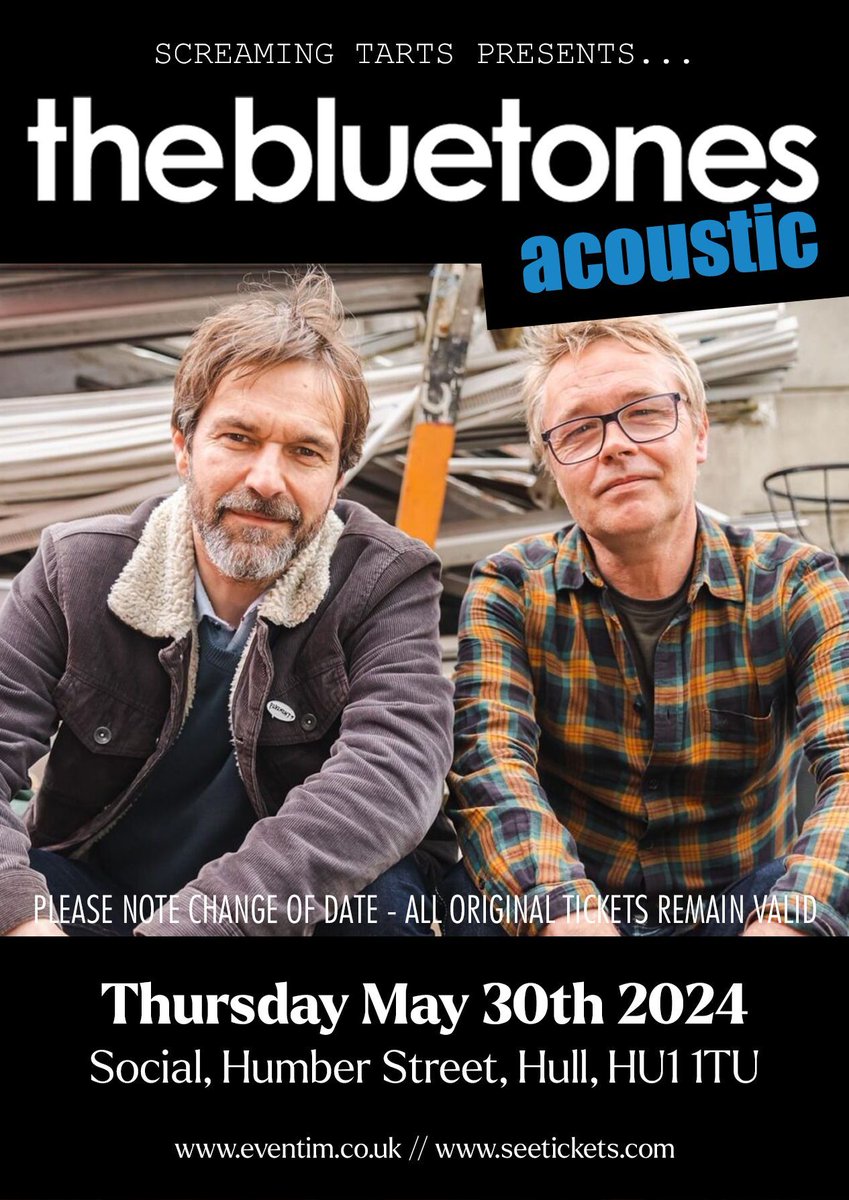 .@SCREAMING_TARTS presents @TheBluetones (Acoustic) with Mark Morriss and Adam Devlin on Thu 30 May 🎟 bit.ly/BluetonesAcous… Back with all the hits, interspersed with the banter and storytelling of two musicians who have been working together successfully for over 30 years.