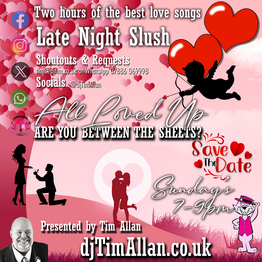 🎶 All Loved Up! 🎶 #LoversMusic 🛌 Are You Between The Sheets? 📆 Sundays Starting soon... 🕝 19:00-21:00 🎙 with Tim Allan ➡️ Socials @TimAllanMedia @djTimAllan @ThisIsMadRadio @AllanMedia 🗣️ Shoutouts 💬 tim@djtim.co.uk 📱WhatsApp 07886 069998 📻 djtimallan.co.uk