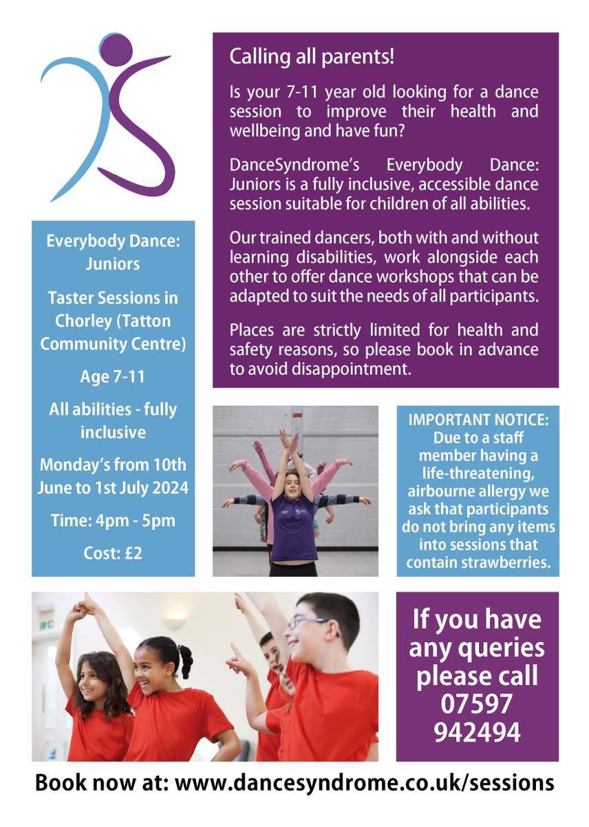 We're thrilled to be piloting our first Everybody Dance session for Juniors! Children of all abilities, aged 7-11, are welcome to join us in #Chorley on Monday's at 4pm. Just £2 per session. Advance booking is essential due to limited places. Book now: dancesyndrome.co.uk/session/everyb…