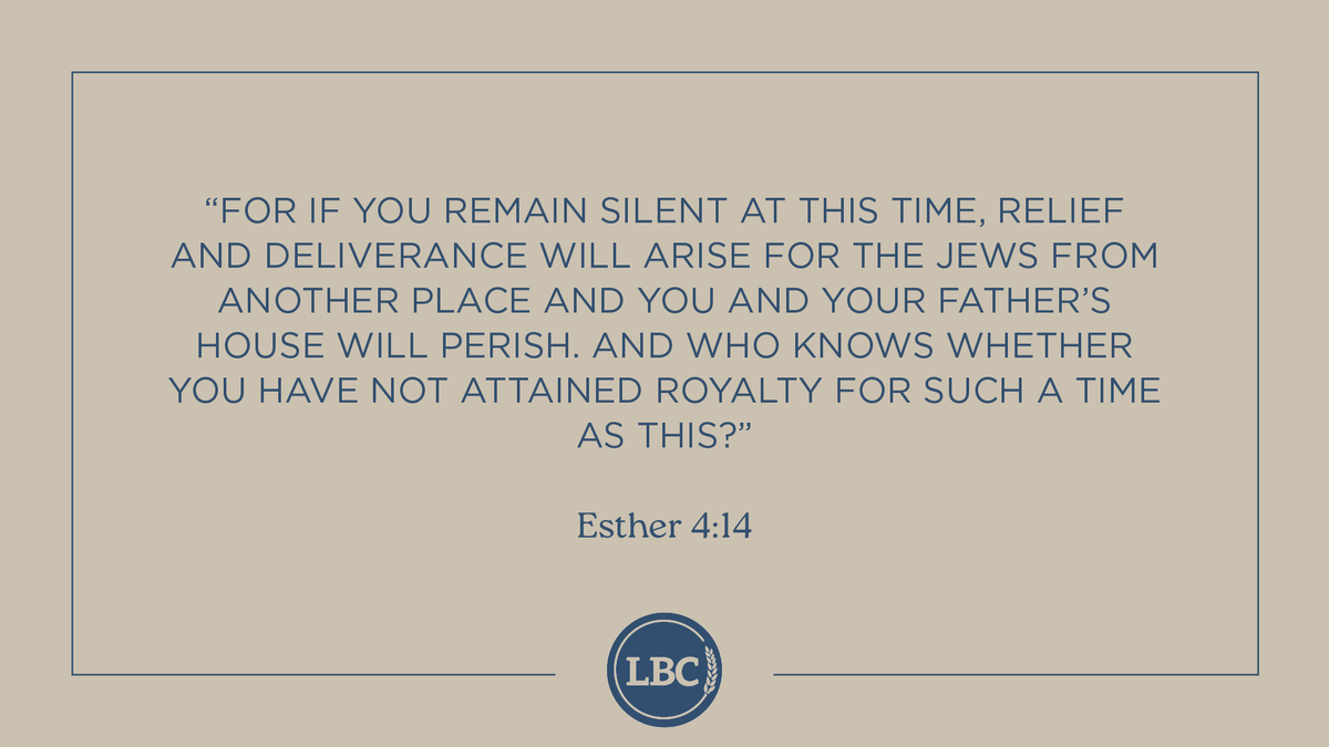 From today's Bible reading:

“...And who knows whether you have not attained royalty for such a time as this?” — Esther 4:14

#ReachTeachUnleash
#LBCScripture
#LBC_DailyWalk
#liveoutward