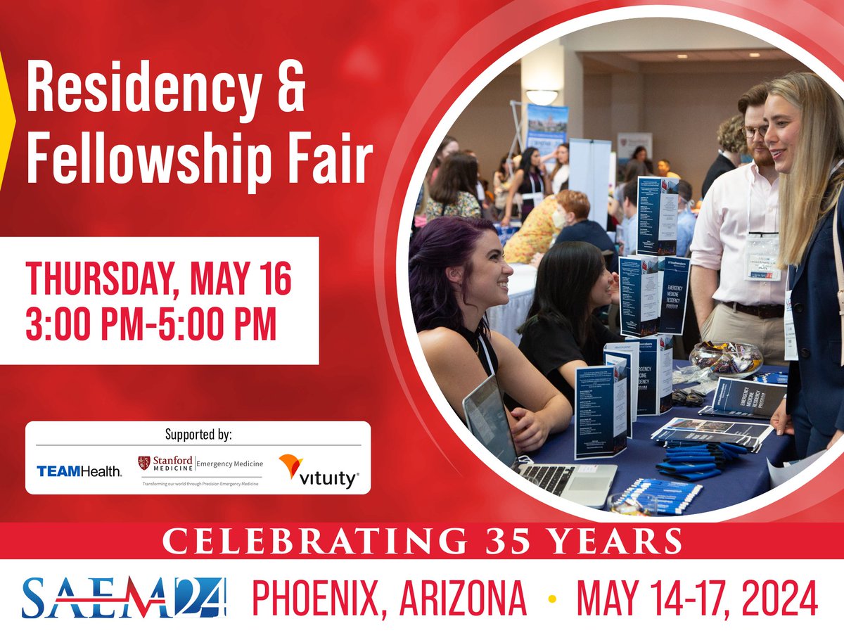 Explore residency and fellowship programs from across the nation at the #SAEM24 SAEM RAMS Residency & Fellowship Fair! Meet with representatives from coveted programs and get advice on the application process. ow.ly/qWbN50Rk0w2 @teamhealth @StanfordMed @VituityHealth