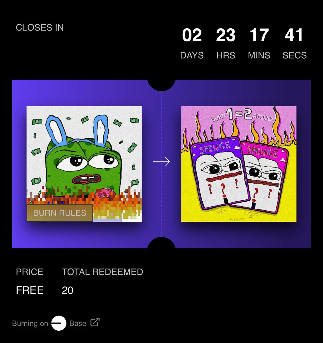 BURN STARTED 🔥🚀😱 1=2 burn 1 SPENGE to receive 2 airdrops from the new collection. The burning can end at any moment. LFG!!11 • • • ⛓️‍💥BURN: app.manifold.xyz/br/spengeburn ⛓️‍💥OS: opensea.io/collection/spe… ⛓️‍💥 ME: magiceden.io/collections/ba…