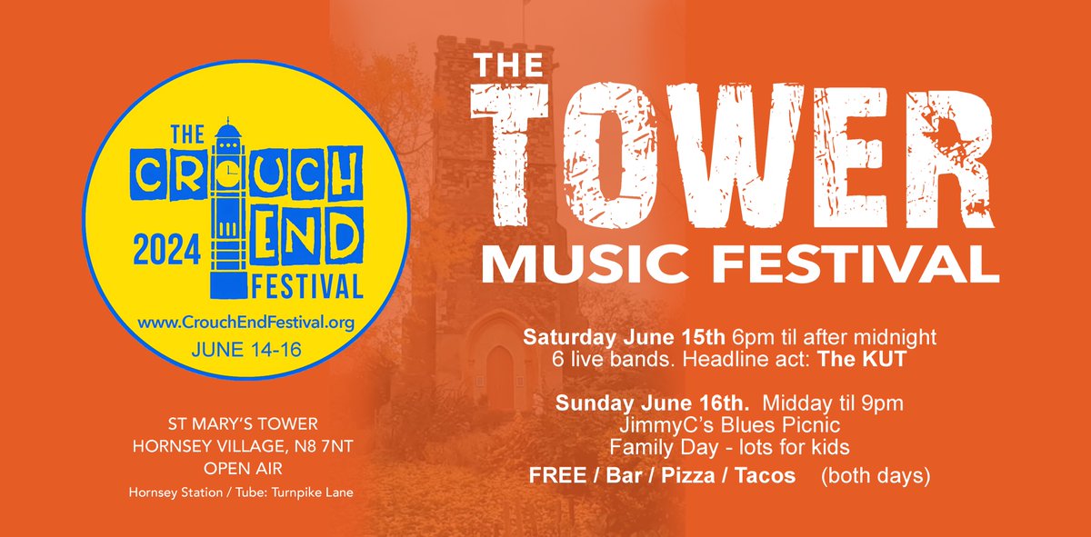 TOWER MUSIC FESTIVAL Sat June 15th, featuring @thekutgirlsrock (brilliant band) #SUITES, Scarlett Something and more to come. Part of the Crouch End (community arts) Festival. St Mary's Tower, Hornsey N8 9PT. Free. Bar, food. 6pm-1am. @crouchendfest #crouchend #hornsey #n8