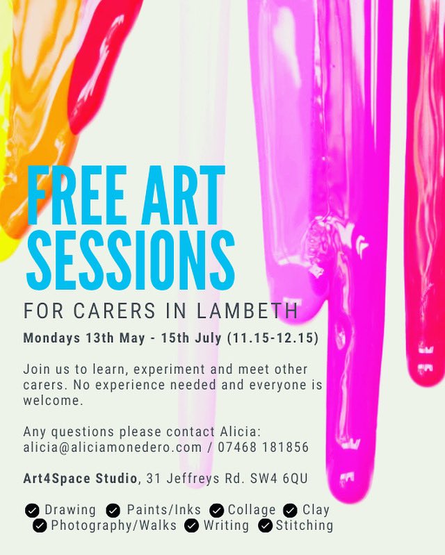 🎨🆓 STARTING THIS MONDAY: FREE ART SESSIONS FOR #CARERS IN #LAMBETH 🎨 Join every Mondays 13th May - 15th July (11.15-12.15) to learn, experiment, and meet other carers. No experience needed! Contact Alicia: alicia@aliciamonedero.com / 07468 181856. Art4Space Studio #ArtTherapy