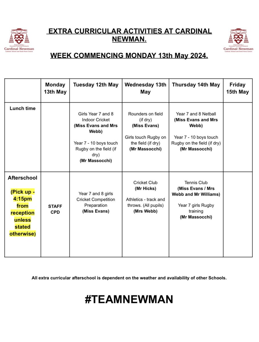 Extra curricular schedule for next week. @WRU_Thomas @CNSRCT @CnsYear7