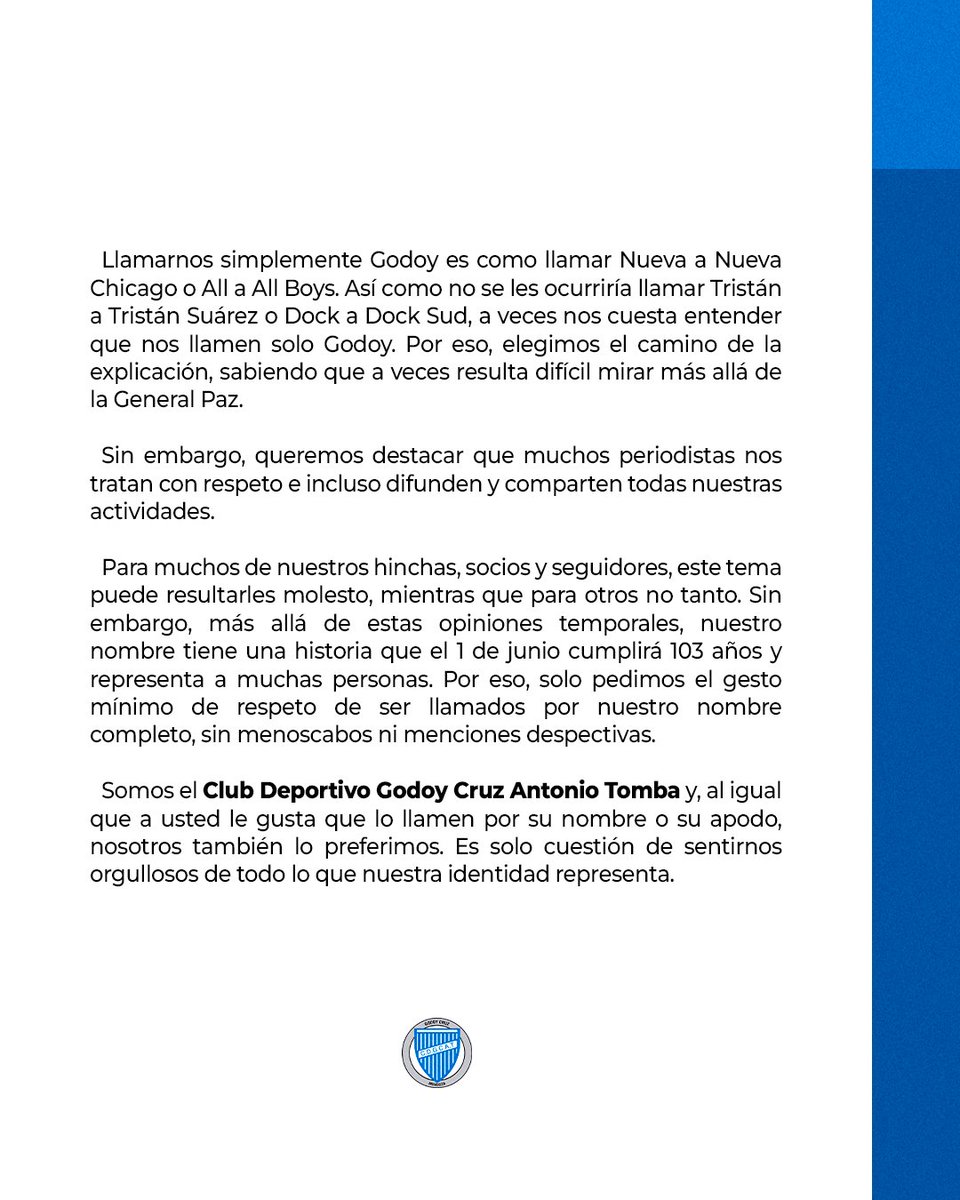 ClubGodoyCruz's tweet photo. Desde el CLUB DEPORTIVO GODOY CRUZ ANTONIO TOMBA, compartimos esta Carta Abierta al mundo del fútbol y todo lo que lo representa y se relaciona al mismo 📄🤝 https://t.co/PKj20NVm0A