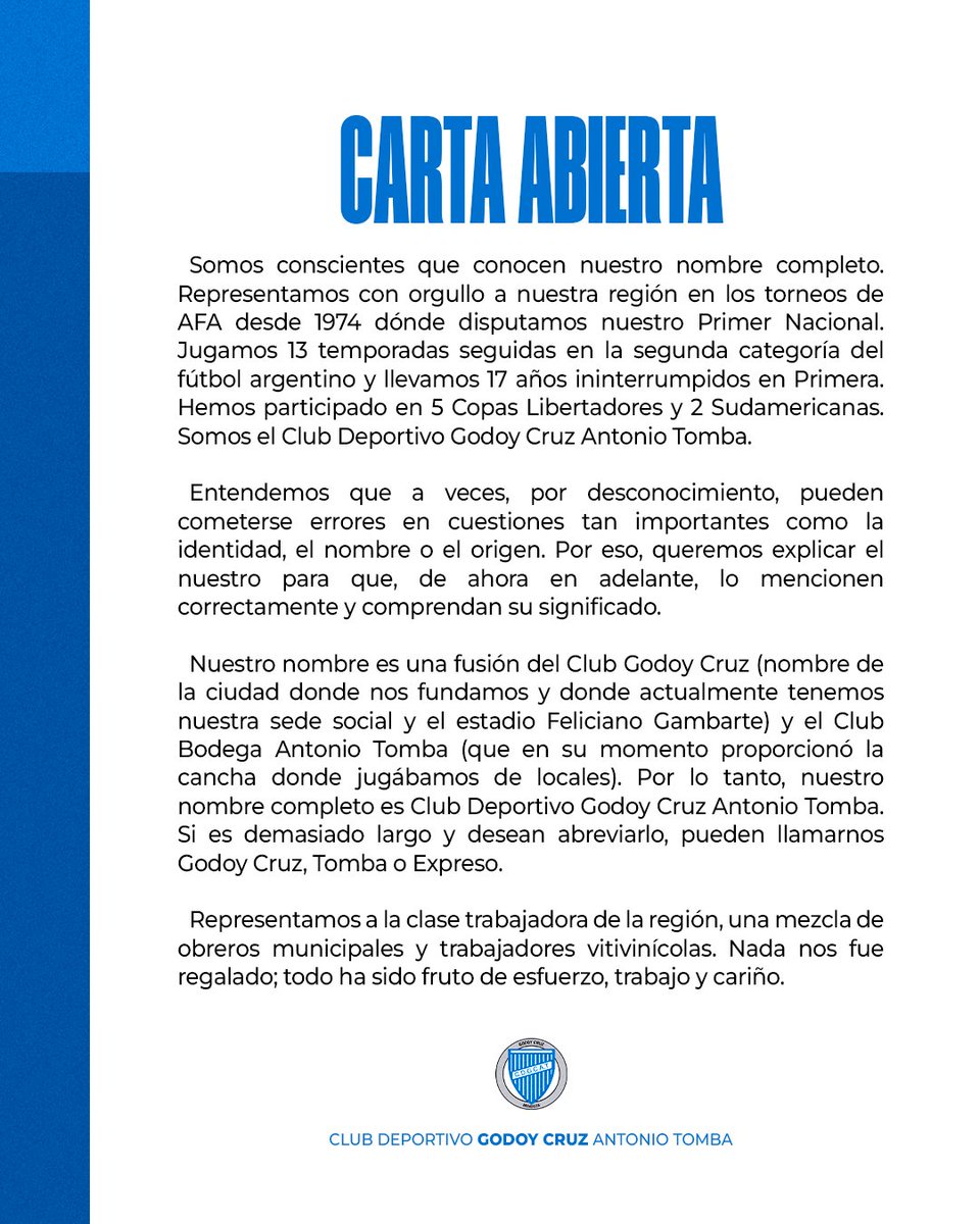 ClubGodoyCruz's tweet photo. Desde el CLUB DEPORTIVO GODOY CRUZ ANTONIO TOMBA, compartimos esta Carta Abierta al mundo del fútbol y todo lo que lo representa y se relaciona al mismo 📄🤝 https://t.co/PKj20NVm0A