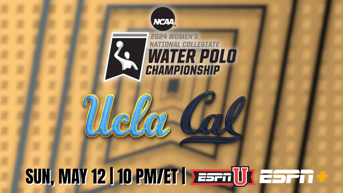 Sunday night showcases the <a href="/NCAA_Water_Polo/">NCAA Water Polo</a> Championship between <a href="/UCLAWaterPolo/">UCLA Water Polo</a> &amp; <a href="/CalWWPolo/">Cal Women’s Water Polo</a> on ESPN platforms

🎙️ <a href="/GregMescall/">Greg Mescall</a>, <a href="/brenda4villa/">Brenda Villa</a> 

🤽‍♀️ Sunday, May 12 | 10p ET | ESPNU, <a href="/ESPNPlus/">ESPN+</a>