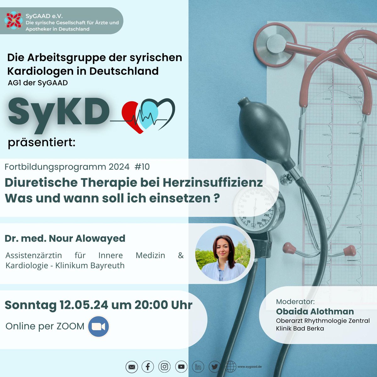 #Erinnerung
In 1 St. fängt die 10. Fortbildung der #SyKD an. 
- Der heutige Vortrag wird von Dr. med. Nour Alowayed gehalten.  
- Thema: diuretische Therapie bei #Herzinsuffizienz, was und wann soll ich einsetzen.

Teilnahmelink:
bit.ly/SyKDAG1
#HeartFailure
#HFA #SyGAAD