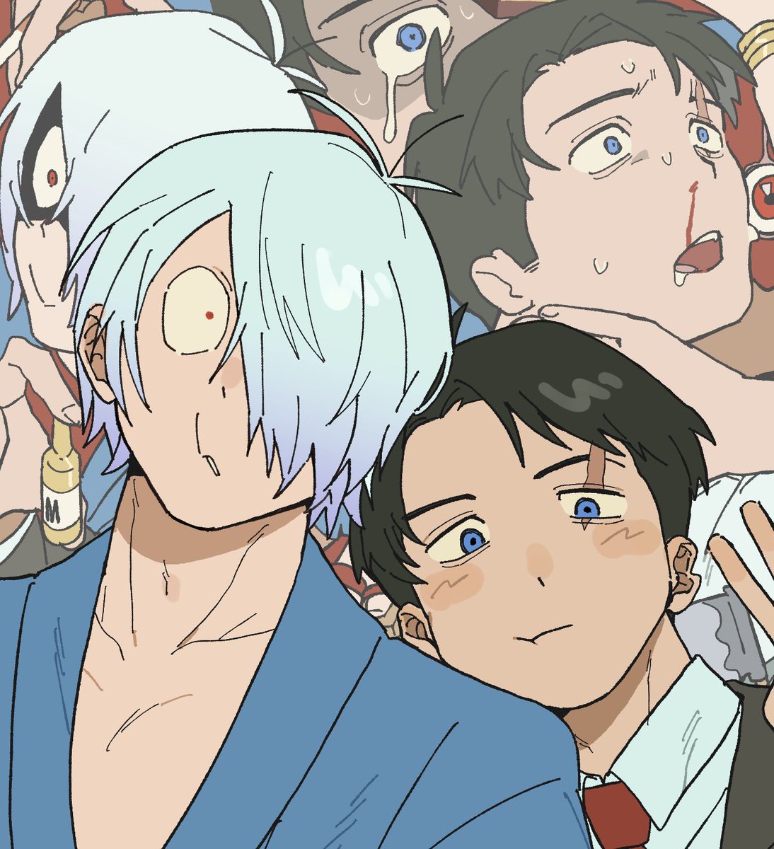 looking at viewer open mouth short hair blue eyes shirt black hair red eyes  illustration images