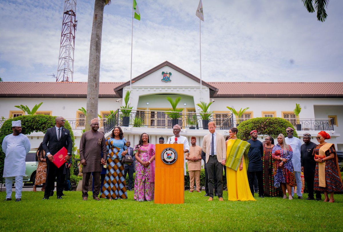 jidesanwoolu's tweet photo. It was a pleasure to welcome the Duke and Duchess of Sussex, Prince Harry and Meghan Markle and share the vibrant culture of Lagos with our esteemed guests. 

They are on a visit to Nigeria promoting the Invictus Games, a special initiative aimed at raising funds and supporting serving military members as well as veterans to overcome their physical and mental illnesses or injuries, which would help them develop a sense of belonging and increased self esteem. 

We discussed the pivotal role mental health plays in holistic wellness, particularly for our military personnel. I commend the Duke and Duchess for spotlighting this crucial issue. Their commitment to supporting our heroes in uniform is truly inspiring. 

We also discussed the amazing work they are doing with the Invictus Games and the valuable global insights that will be beneficial for us. We're excited about the potential collaborations that could help our veterans and active military members feel more supported. 

Looking forward to potential opportunities to host the Invictus Games in Nigeria and to showcase the resilience and spirit of our people.