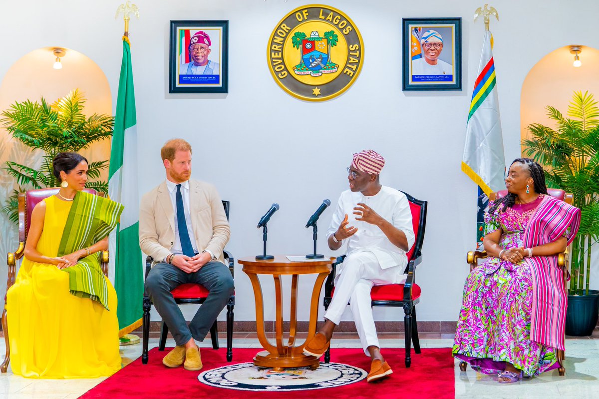 jidesanwoolu's tweet photo. It was a pleasure to welcome the Duke and Duchess of Sussex, Prince Harry and Meghan Markle and share the vibrant culture of Lagos with our esteemed guests. 

They are on a visit to Nigeria promoting the Invictus Games, a special initiative aimed at raising funds and supporting serving military members as well as veterans to overcome their physical and mental illnesses or injuries, which would help them develop a sense of belonging and increased self esteem. 

We discussed the pivotal role mental health plays in holistic wellness, particularly for our military personnel. I commend the Duke and Duchess for spotlighting this crucial issue. Their commitment to supporting our heroes in uniform is truly inspiring. 

We also discussed the amazing work they are doing with the Invictus Games and the valuable global insights that will be beneficial for us. We're excited about the potential collaborations that could help our veterans and active military members feel more supported. 

Looking forward to potential opportunities to host the Invictus Games in Nigeria and to showcase the resilience and spirit of our people.