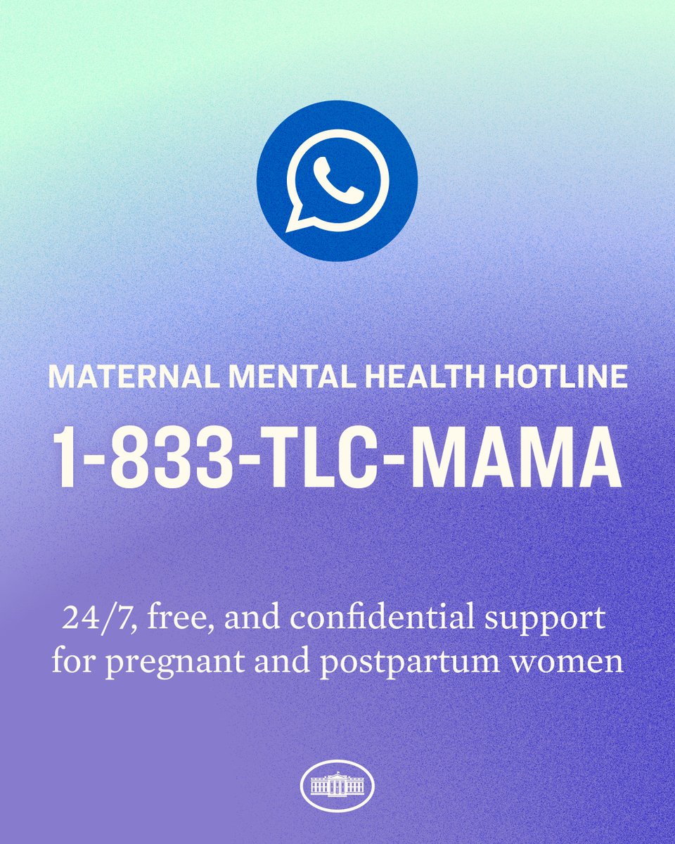 Our Administration launched the Maternal Mental Health Hotline to help connect moms with the mental health resources and support they need before, during, and after pregnancy. For free, confidential, 24/7 support, call or text 1-833-TLC-MAMA.