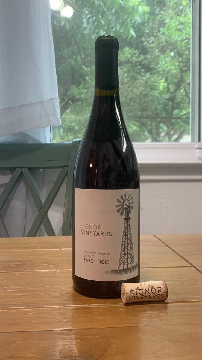 On this dreary and drizzly Sunday we are going with a Signor Vineyards 2020 Pinot Noir. From Willamette Valley, OR. From Johan Vineyards. 

We picked this up at their hill country tasting room a few years ago, and are finally ready to enjoy it. 

#txwine (ary) #ORwine