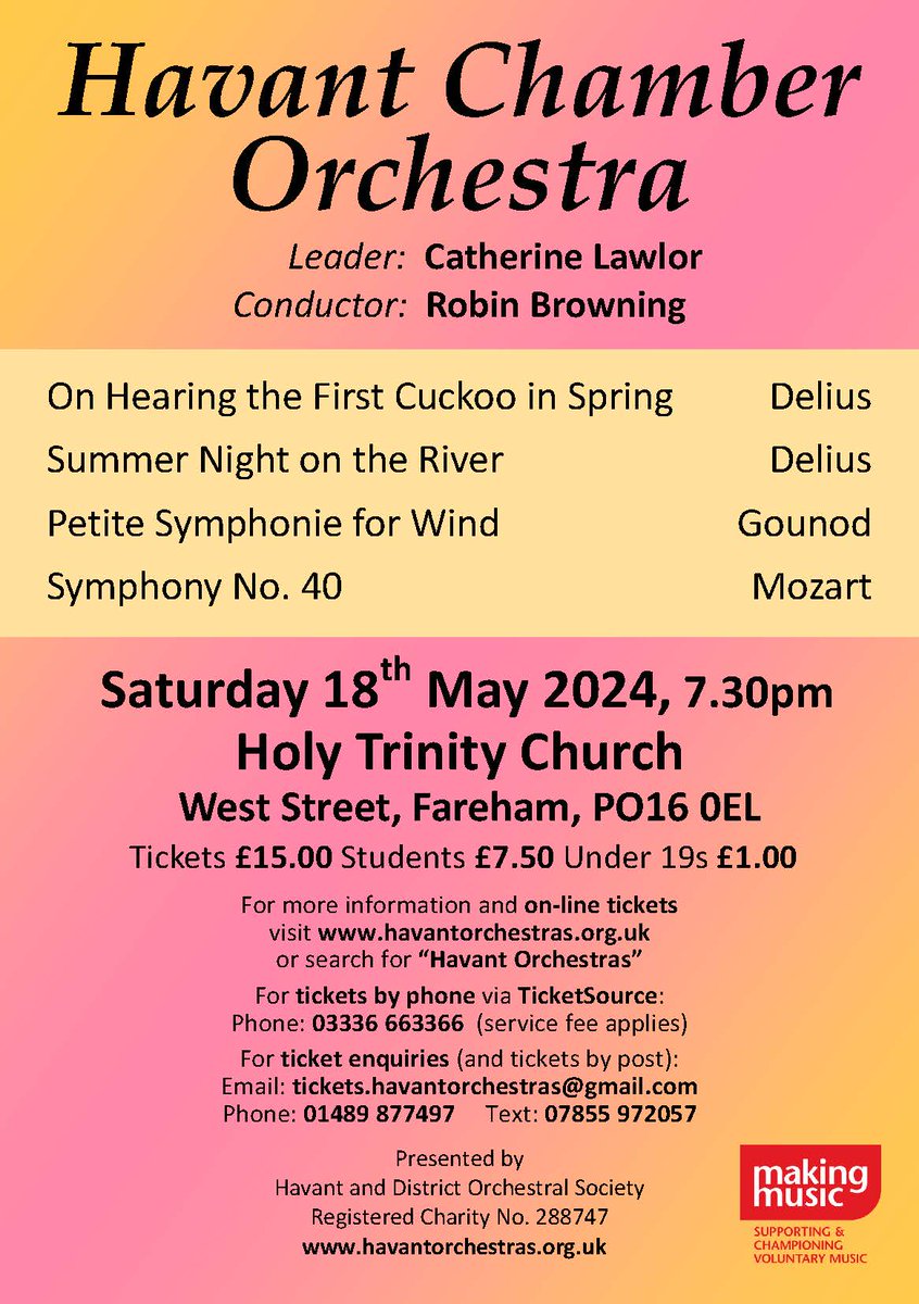Less than a week to go before our next HCO concert at Holy Trinity Church Fareham.  We hope you are coming!

Tickets - ticketsource.co.uk/havantorchestr…