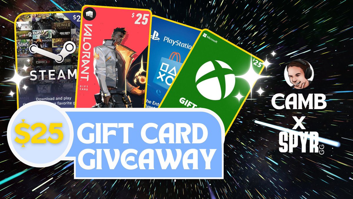 $25 Gift Card OR $25 Cash GIVEAWAY

To Enter You Must:   
✅Follow
@CaMbCaMbTV +
@SpyrGG 
✅Tag Two Friends
✅Like & Retweet

The winner will be announced May 17th! Must have Paypal for cash prize.
#VALORANT x.com/messages/media…