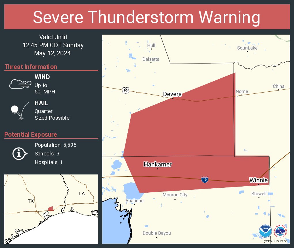Severe Thunderstorm Warning including Winnie TX, Devers TX and Hankamer TX until 12:45 PM CDT
