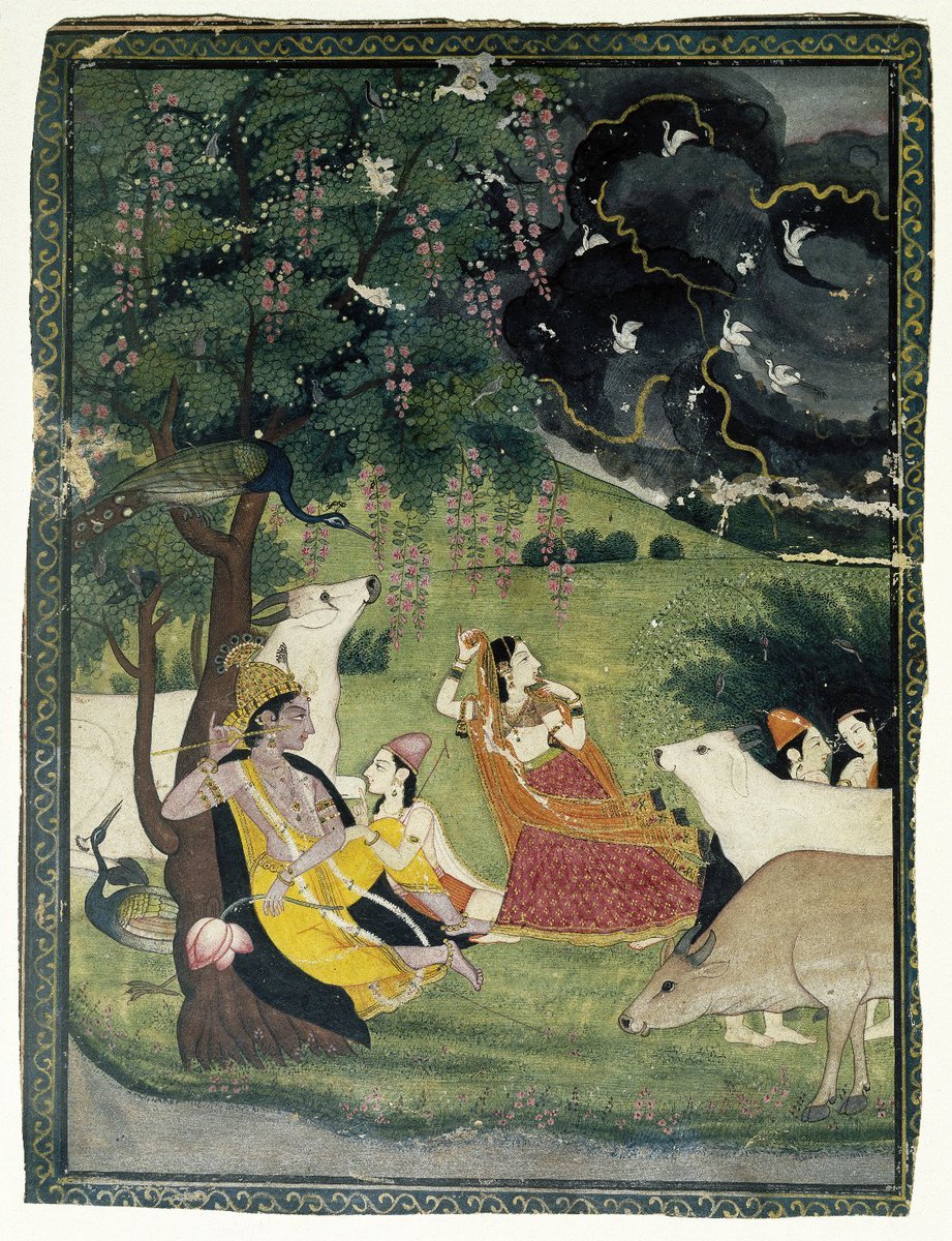 The Creation returns to the Creator! 'Krishna and Radha Under a Tree in a Storm', ca 1790, India Lord Krishna sits beneath a tree while Radha & all creatures, run to join him, seeking shelter from an impending storm. My favourite here is the Gwal sitting at the feet of Krishna!