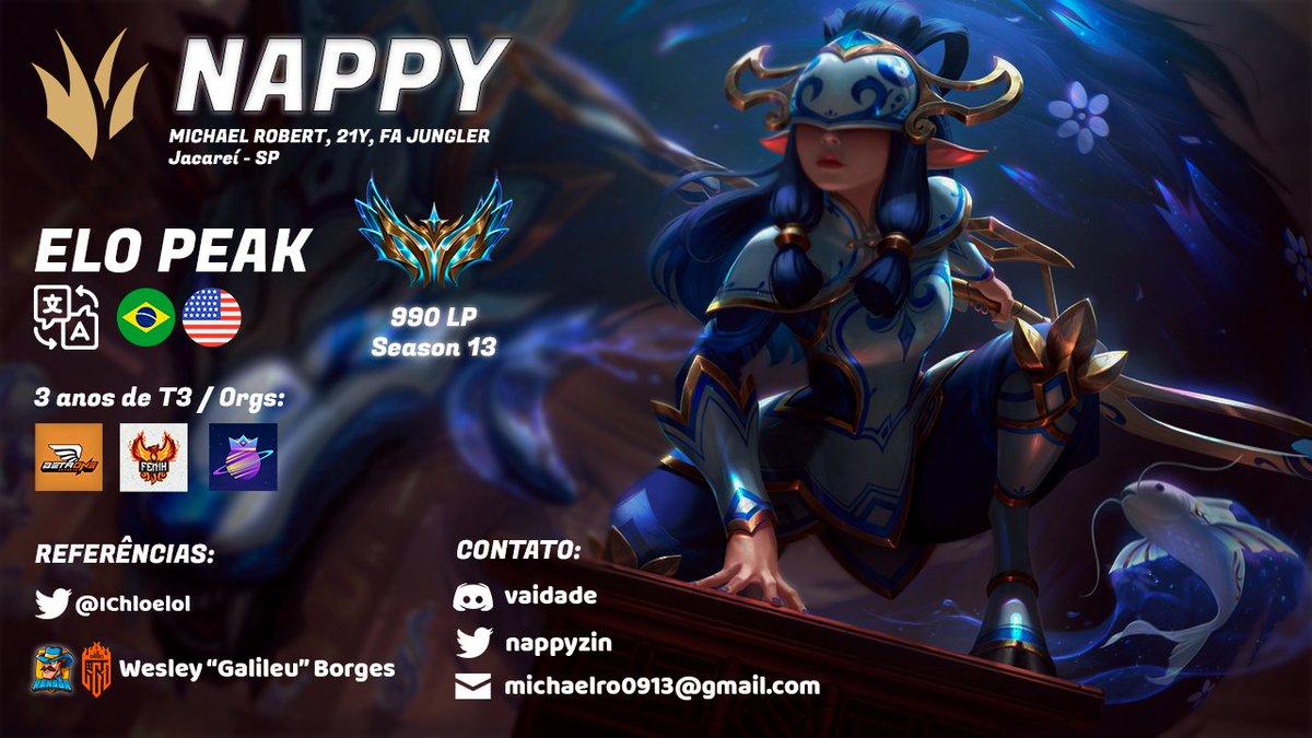 Boa tarde! Gostaria de anunciar que estou free agent para propostas CBLOL e Academy, venho trabalhando para começar essa caminhada há meses e agora que consegui a oportunidade de poder me dedicar 100% sinto que posso acrescentar muito❤️