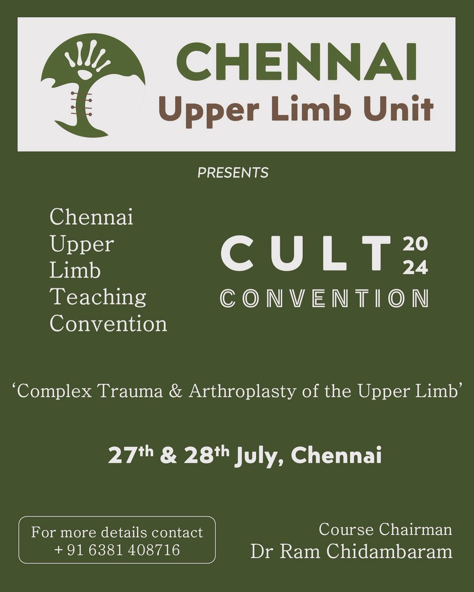 _RamChidambaram's tweet image. We're thrilled to announce the 'Chennai Upper Limb Teaching Convention’ taking place on the 27th & 28th of July in Chennai. This event, one of the first of its kind in India, will center around the theme of 'Complex Trauma and Arthroplasty of the entire Upper Limb.’
