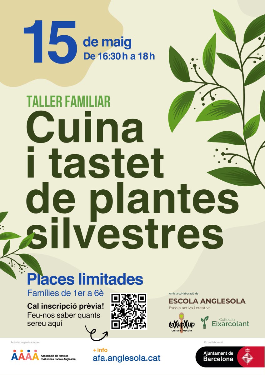 Taller de cuina  amb plantes silvestres comestibles, per a les famílies de les Comunitats de Mitjanes i Grans on els infants hi poden assistir i ajudaran a elaborar alguns plats senzills, com els pestos i l'humus.

📝 *Places limitades a 12 famílies.

#plantessilvestres