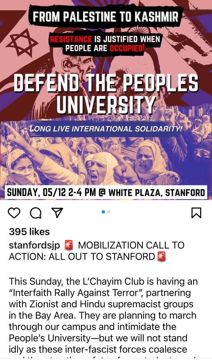 #Alert: In response to a call for an interfaith march against #antisemitism @Stanford in which HAF is participating & speaking, pro-Hamas groups issued a call to counter the march while defaming Hindu and Jewish orgs. We condemn this intimidation tactic and ask @Stanford police…