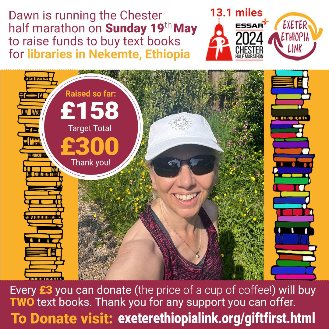 ExeterEthiopiaL's tweet photo. Support our Secretary, Dawn - Chester Half-Marathon - £158 - Thank you!
"Just 7 days and £142 to go. I'm hoping to find 48 people able to donate £3 each and make a difference to the children in Nekemte."
▶ You can help Dawn by visiting:
👉https://t.co/uBqJXDcnaY https://t.co/nwRtznonl3