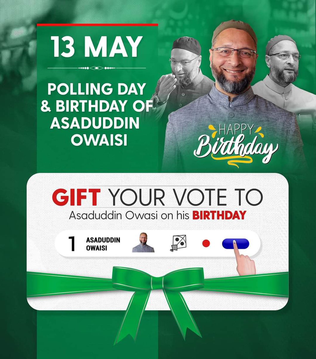 Kal Barrister Asaduddin Owaisi sahab Ka janamdin bhi ha aur voting bhi ha. Barrister asaduddin owaisi, sahab ko jamhooriyat ki sabse qeemti cheez “Vote” tohfe mein dekar kaaymab kijiye #AIMIM #AsaduddinOwaisi #owaisibirthday #LokSabhaElection2024 #giftyourvote