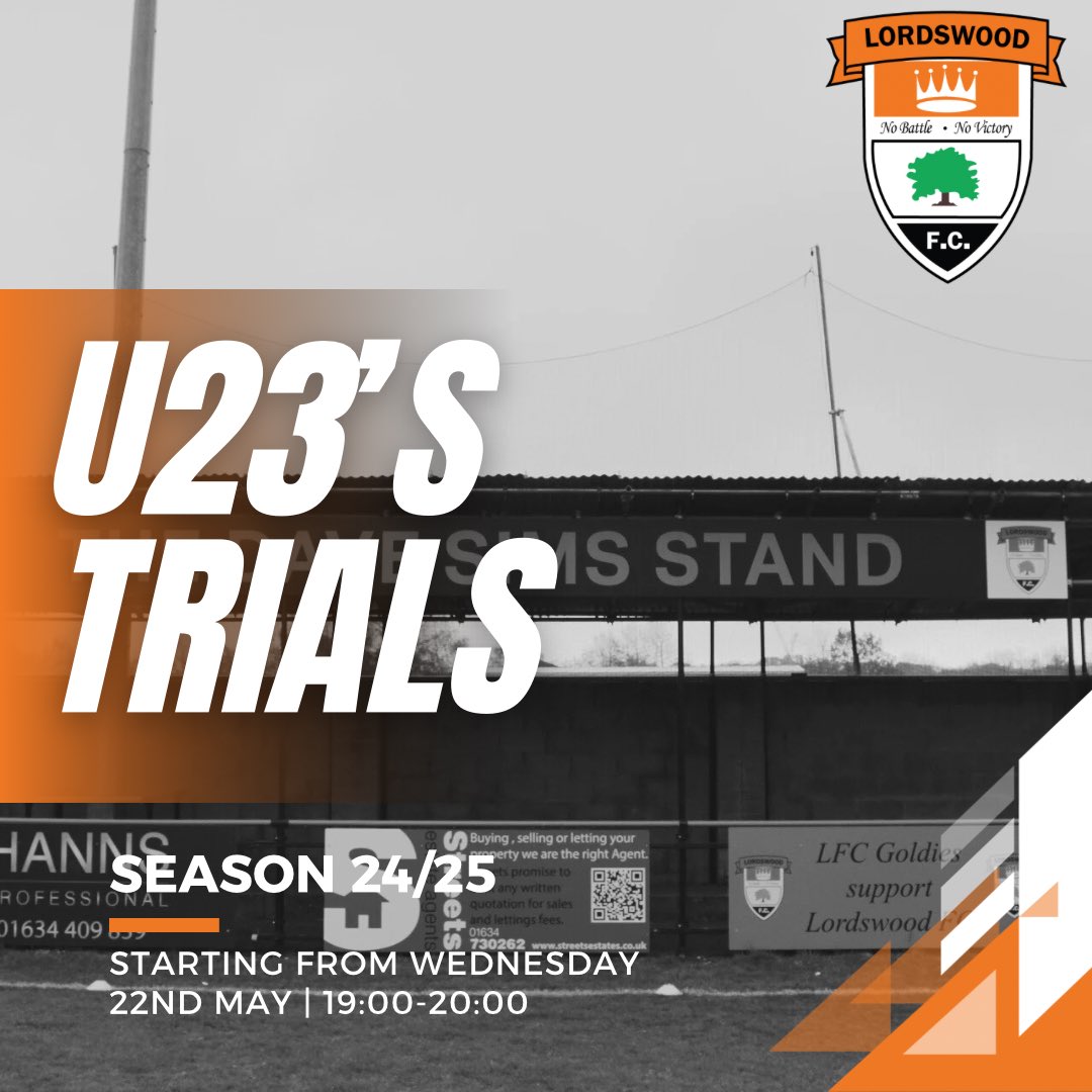 Lordswood FC U23 Trials for the 24/25 Season! Are you looking for the next step in your footballing journey? Trials start Wednesday 22nd May 2024 19:00-20:00 Fill in the Jotform link below⬇️ form.jotform.com/231105465512042