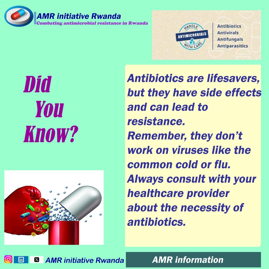 🔹 #ALWAYS: seek the advice of a qualified health care professional before taking antibiotics. 🔹 #REMEMBER: #Antibiotics do not treat viral infections like colds and flu. Let’s prevent #AMR by using medication responsibly. 💊 @BrianChirombo @InfoIrebe @amr_program @EB_Hirsch
