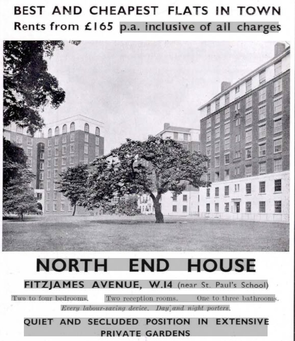 North End House, on Fitzjames Avenue, West Kensington in 1935. Best & Cheapest Flats in Town.