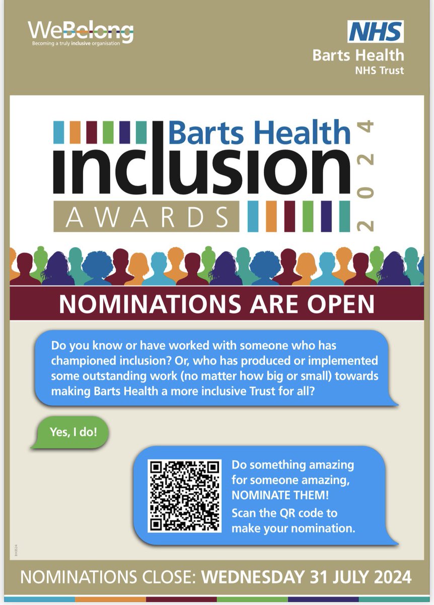 📢 Do you know or have worked with someone who has championed inclusion? Or, who has produced or implemented some outstanding work (no matter how big or small) towards making @NHSBartsHealth a more inclusive Trust for all? Nominate Today⬇️⬇️ surveymonkey.com/r/VHCN8W5