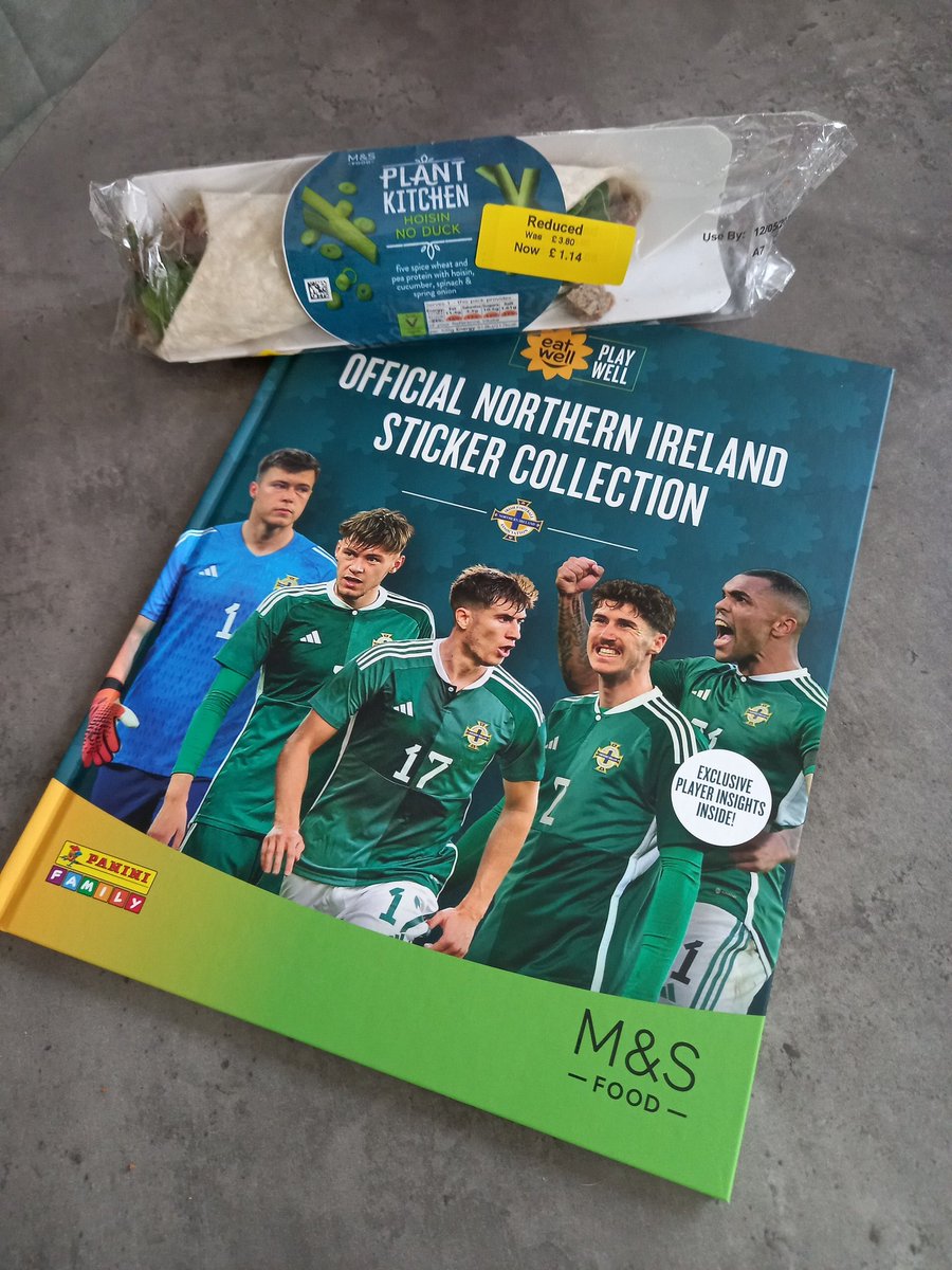 Sunday afternoon trip to M&S. Reduced wrap and a #NornIron sticker album!