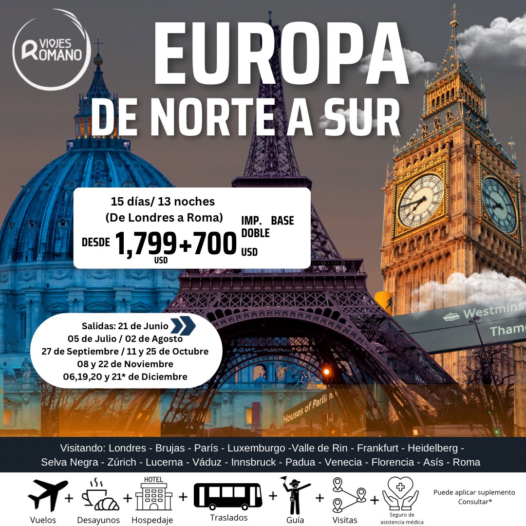 Viajes_Romano's tweet photo. 🧑🏼‍💻 Consulte el itinerario y  Reserva con Nosotros 👩🏻‍💻

 📲 Whats App Jorge Camarillo: https://t.co/PjlfA8DPfR
📲 Whats App Ámbar Hernández: https://t.co/jskE91YsxV
📩 ventas@viajesromano.com
📥Inbox.   #Europa #eurotrip https://t.co/GzngfILMt7