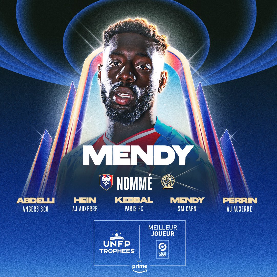 Les #TropheesUNFP c’est demain soir ⏳ Meilleur buteur de @Ligue2BKT, Alexandre Mendy est en lice pour le trophée de Meilleur Joueur 🌳 #SMCaen #TeamSMC