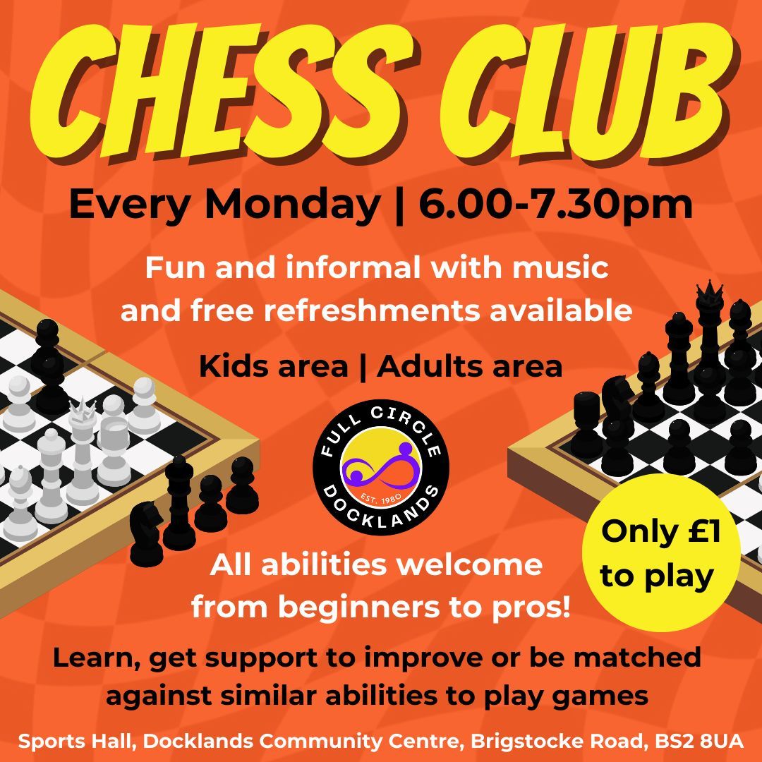 ♟️ Chess club is back tomorrow (Monday) from 6-7.30pm – come down for a game in a relaxed and friendly environment!

We’ve got tables for both kids and adults – all ages and abilities are welcome.

#BristolCommunity #BristolKids #BristolYouth #BristolChess