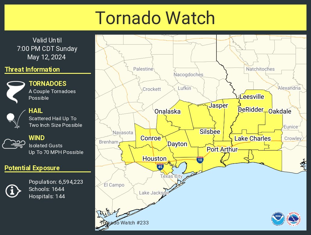 A tornado watch has been issued for parts of Louisiana and Texas until 7 PM CDT