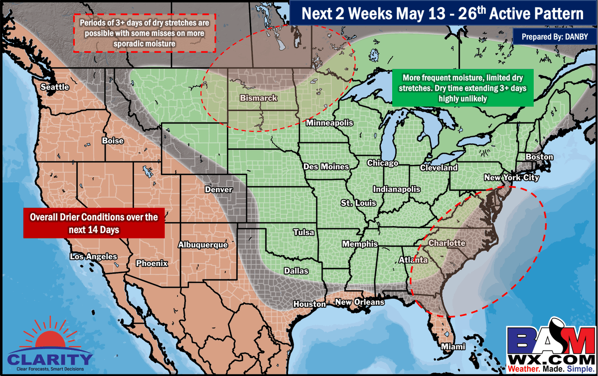 No doubt the pattern ahead continues to remain very active This is about as active as it gets across the upcoming two weeks Most growing regions, especially the Ag Belt will continue to see above normal rainfall risks with difficulty getting a dry period to last longer than 3