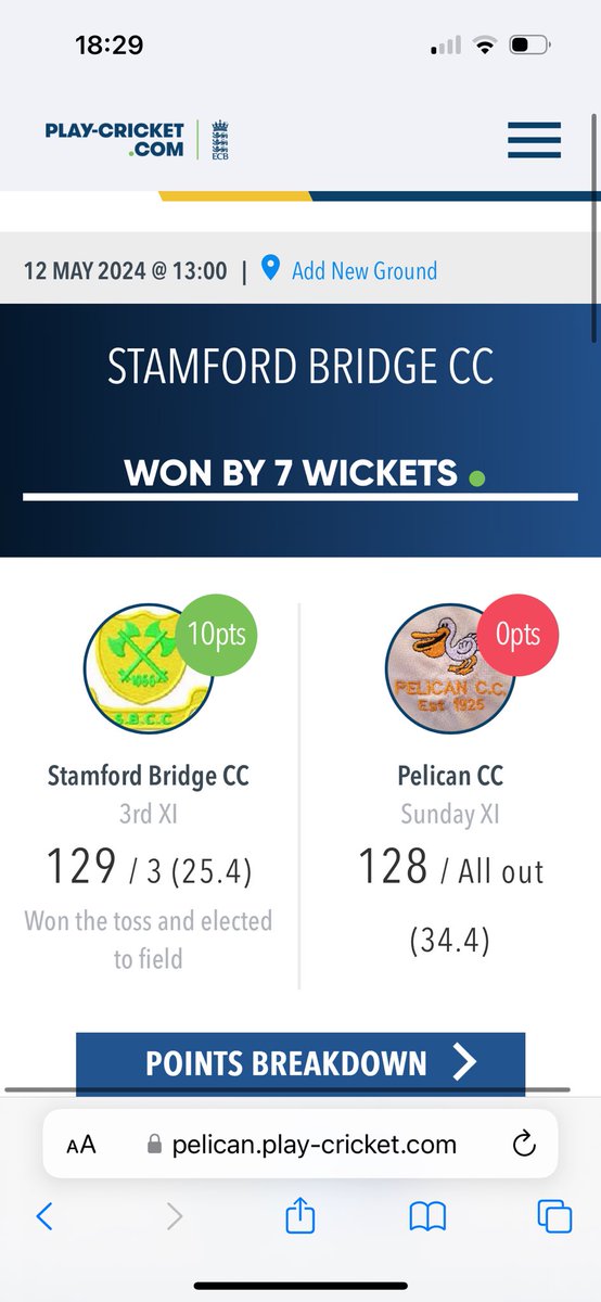 Pelican Cricket Club (@pelican1925) on Twitter photo Sunday XI put to the sword👎
<a href="/stamfordbridgec/">Stamford Bridge CC🏏</a> run out winners by 7 wickets.
Shafin Khandaker top scores with 34 but Stamford chase it down within 26 overs. Wicket a piece for Noman Khalid, Ian Dows and Callum Morley.
We go again next week 🏏 Sunday XI put to the sword👎
<a href="/stamfordbridgec/">Stamford Bridge CC🏏</a> run out winners by 7 wickets.
Shafin Khandaker top scores with 34 but Stamford chase it down within 26 overs. Wicket a piece for Noman Khalid, Ian Dows and Callum Morley.
We go again next week 🏏