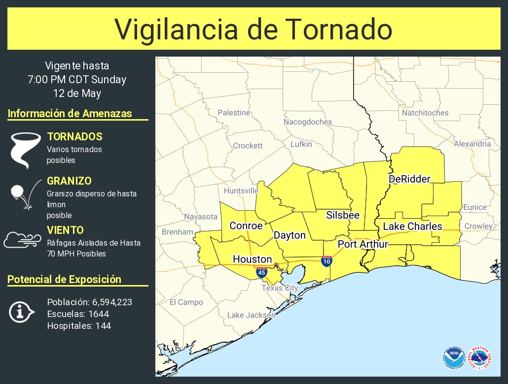 Vigilancia de Tornado ha sido emitida para partes de Louisiana y Texas hasta las 7 PM CDT