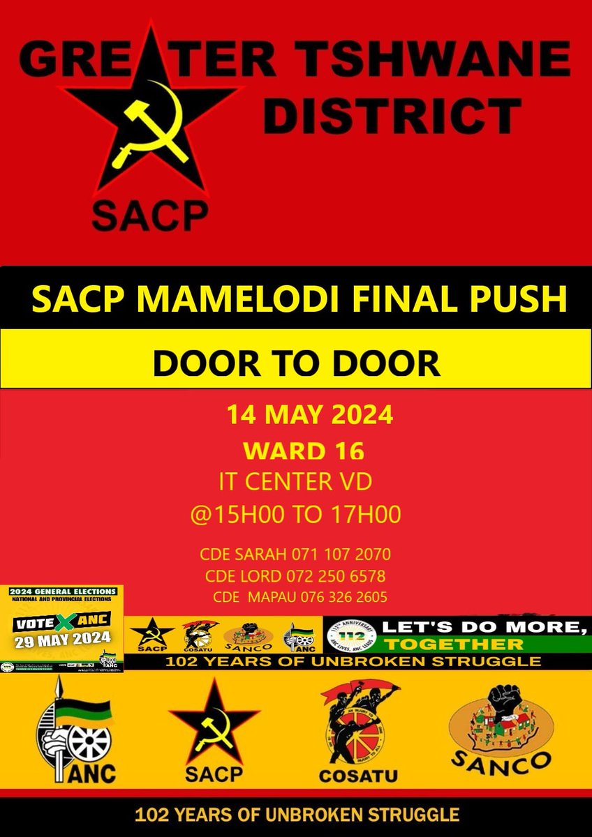 Vote ANC. Defend the NDR. Defend working class social advances. #SACPGPRedBrigadesOnTheGround #LetsDoMoreTogether #VoteANC #COSATU #SACPatwork #YCLSAatwork