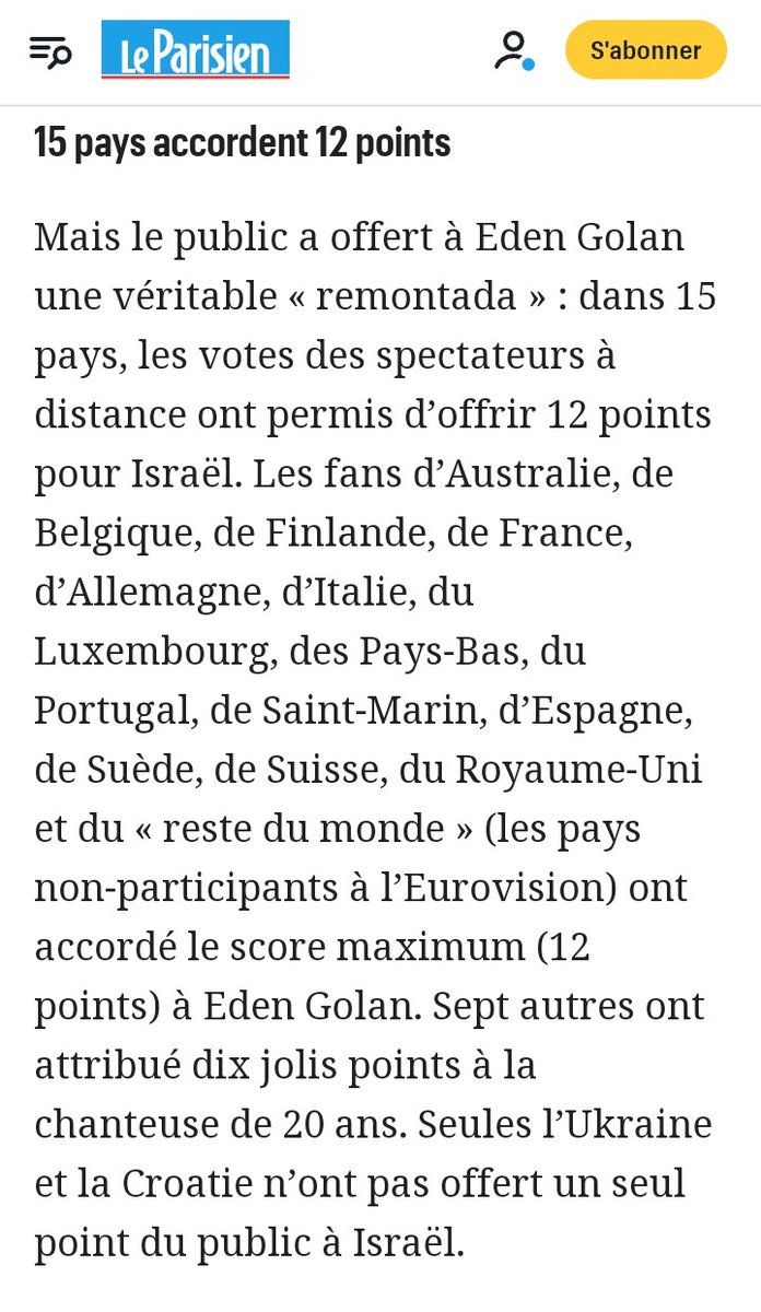 #eurovision2024 Les publics de 15 pays ont attribué la note maximale de 12 points à la chanteuse israélienne Eden Golan. La France en fait partie 🙃. Deux pays ne lui ont attribué aucun point : la Croatie et.... l'Ukraine... Étrange 🤔...ou pas.