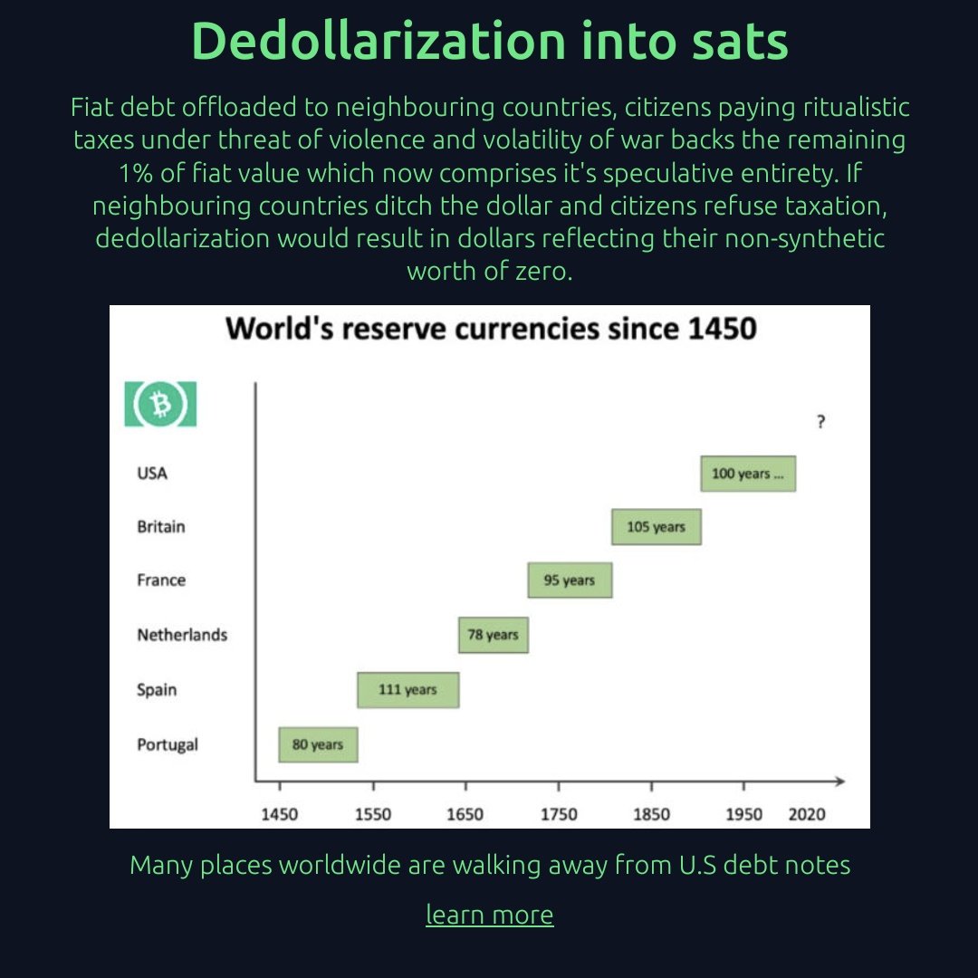 If neighbouring countries ditch the dollar and citizens refuse taxation, dedollarization would result in dollars reflecting their non-synthetic worth of zero - bchportal.cash/#community
#BitcoinCash #BCHisNewLeadership