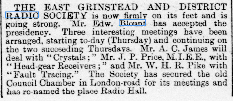 Less than 100 years ago, East Grinstead residents were familiarising themselves with crystal set technology. The word 'radio' is used here, but most people called it the 'wireless' in those days - a word that has a wider meaning now. [East Grinstead Observer, 5th February 1925].