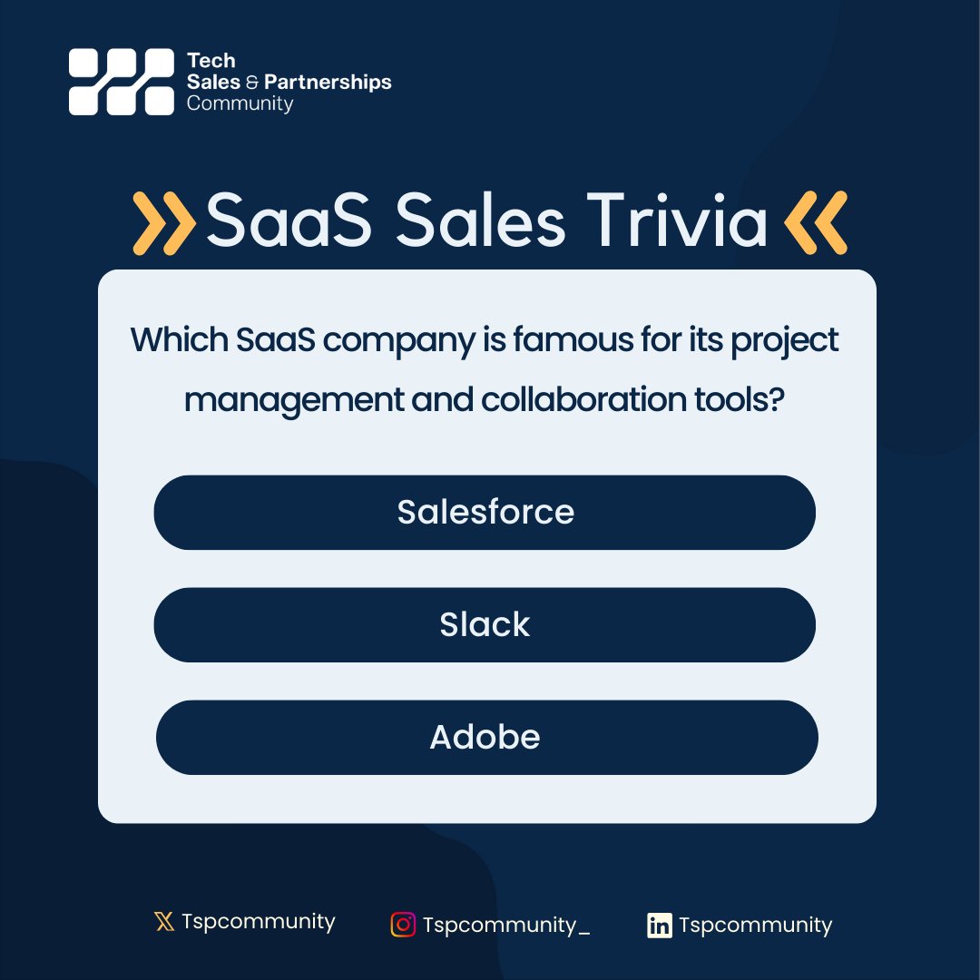 💡SaaS Sales Trivia 😎📚

Hi Friends 👋

Who’s in for some sales trivia? ✨

This one is quite easy. Can you tell the right answer?

#salestriva #techsales