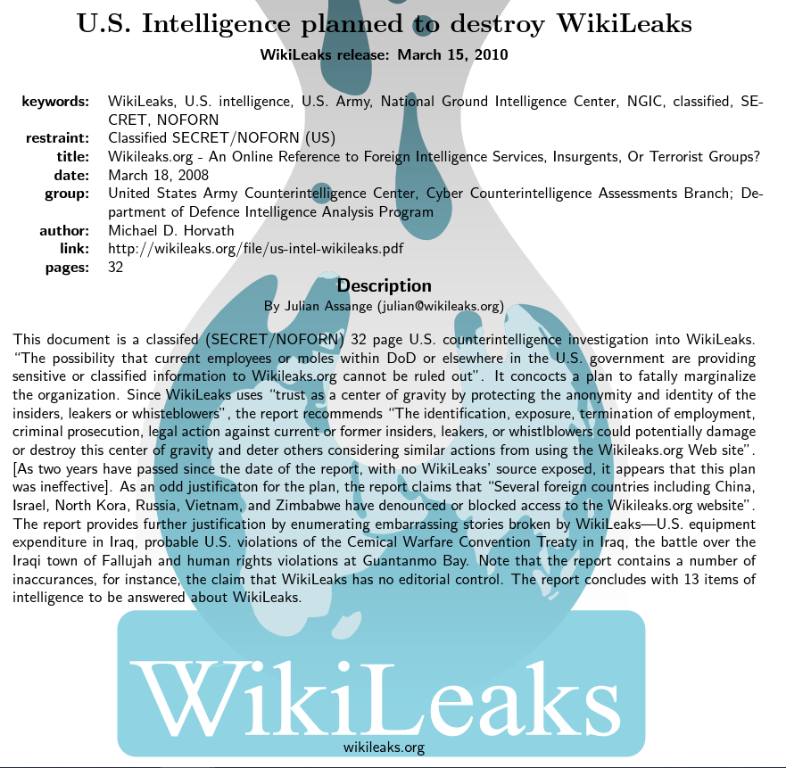 The #US have been trying to smear & discredit Julian #Assange and @wikileaks for a very long time.

In this March 2008 report, destroying the trust people have in WikiLeaks is recommended to deter whistleblowers from sharing information in the future:
wired.com/images_blogs/t…