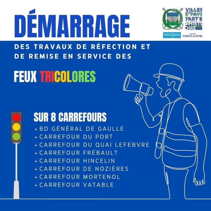 🚦 #Guadeloupe : Démarrage des travaux de remise en état et de réfection des feux tricolores de la ville de Pointe-à-Pitre.

8 secteurs sont concernés par ces travaux de rénovation :

- Boulevard Général de Gaulle
- Carrefour Frébault 
- Carrefour Mortenol
- Carrefour du port
-