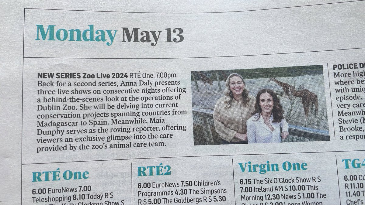 MaiaDunphy's tweet photo. Thanks for the pick(s) of the day @IrishTimesMag and @ST__Ireland !
#ZooLive @RTEOne @RTEplayer @daly_anna ❤️🦒🦧🦍 https://t.co/QChOIjkVfi