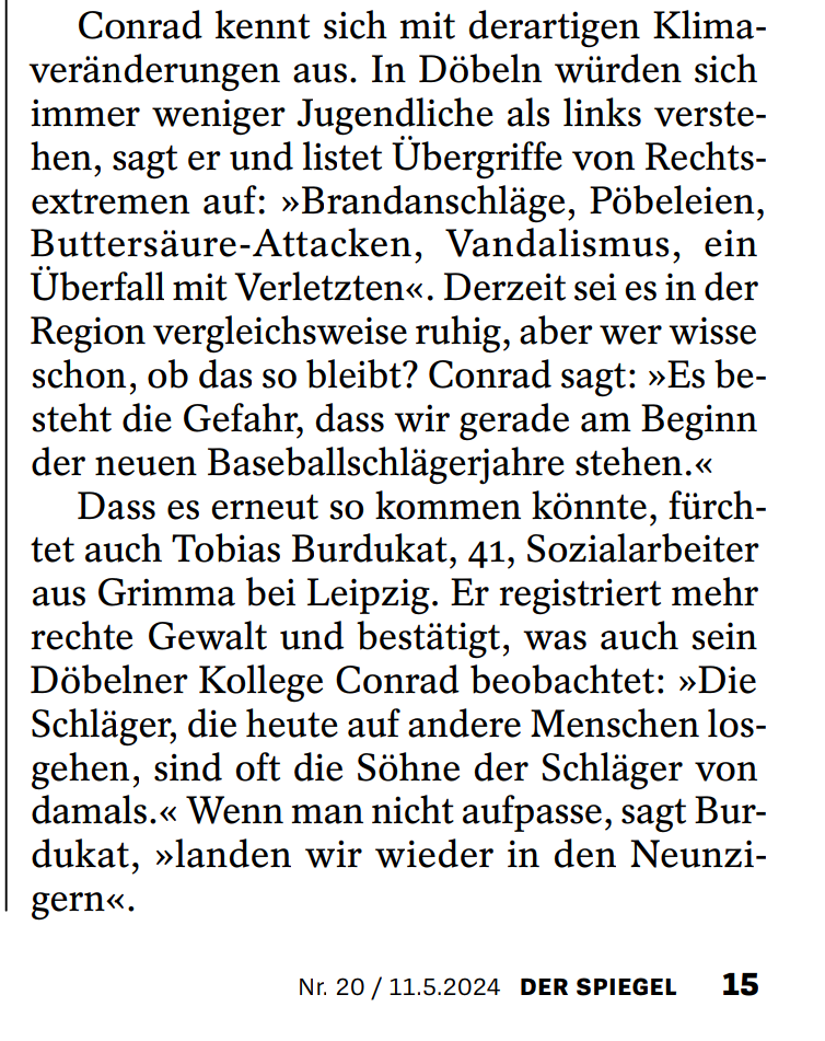 In der akt. Titelstory vom @derspiegel habe ich neben Conny vom @treibhausev auch etwas zur aktuellen Situation im Bezug auf Jugend und Radikalisierung gesagt. Danke fürs fragen von Sozialarbeiter*innen.Hätten Politiker*innen auch schon mal eher drauf kommen können.#noafd #fcknzs