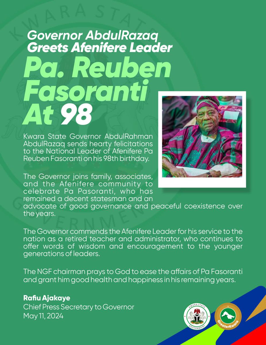 Celebrating a Legacy: Kwara Governor’s Tribute to Pa Fasoranti

greaterkwara.com/2024/05/12/cel…

#GreaterKwara